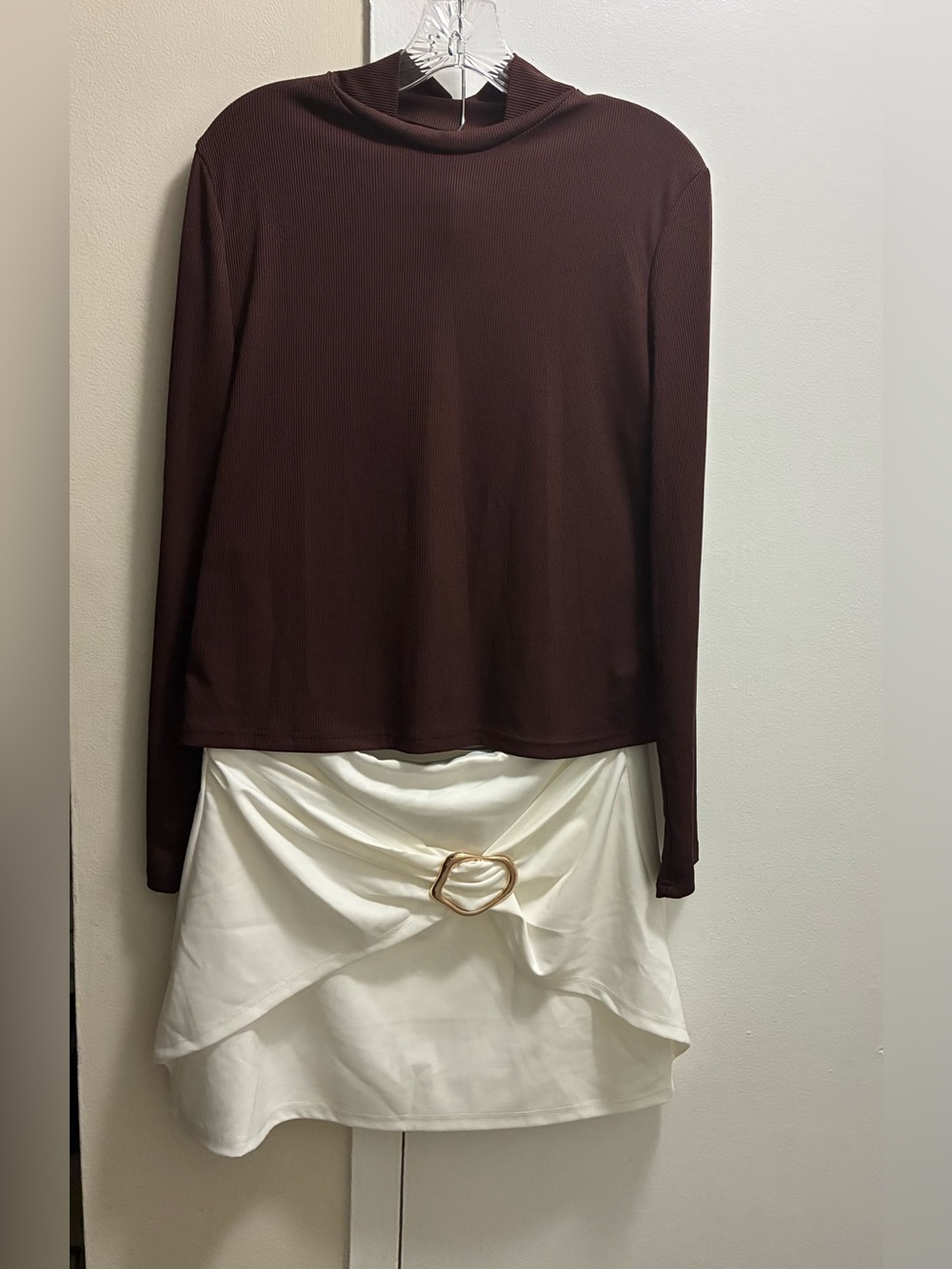 Women's Cream Wrap Mini Skirt with Gold Buckle